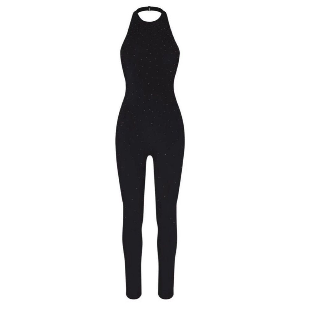 Skims x Sworvoski Halter NWT body suit size Large black jelly shimmer jumpsuit